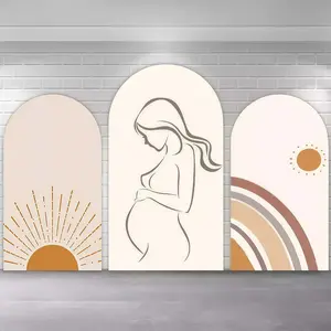 Boho Pregnant Mom Arch Covers Stretchy Backdrop, Neutral Sun Rainbow Minimalist Design, Perfect for Baby Shower Maternity Gender Reveal Party Photo Backdrop