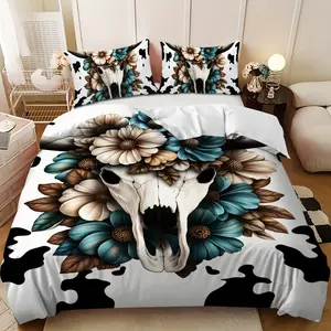 Bedding 3-piece set - 3PCS,white, blue, and brown floral bull skull design down comforter set (1 comforter cover + 2 pillowcases, filling not included).soft and comfortable, suitable for family bedrooms.