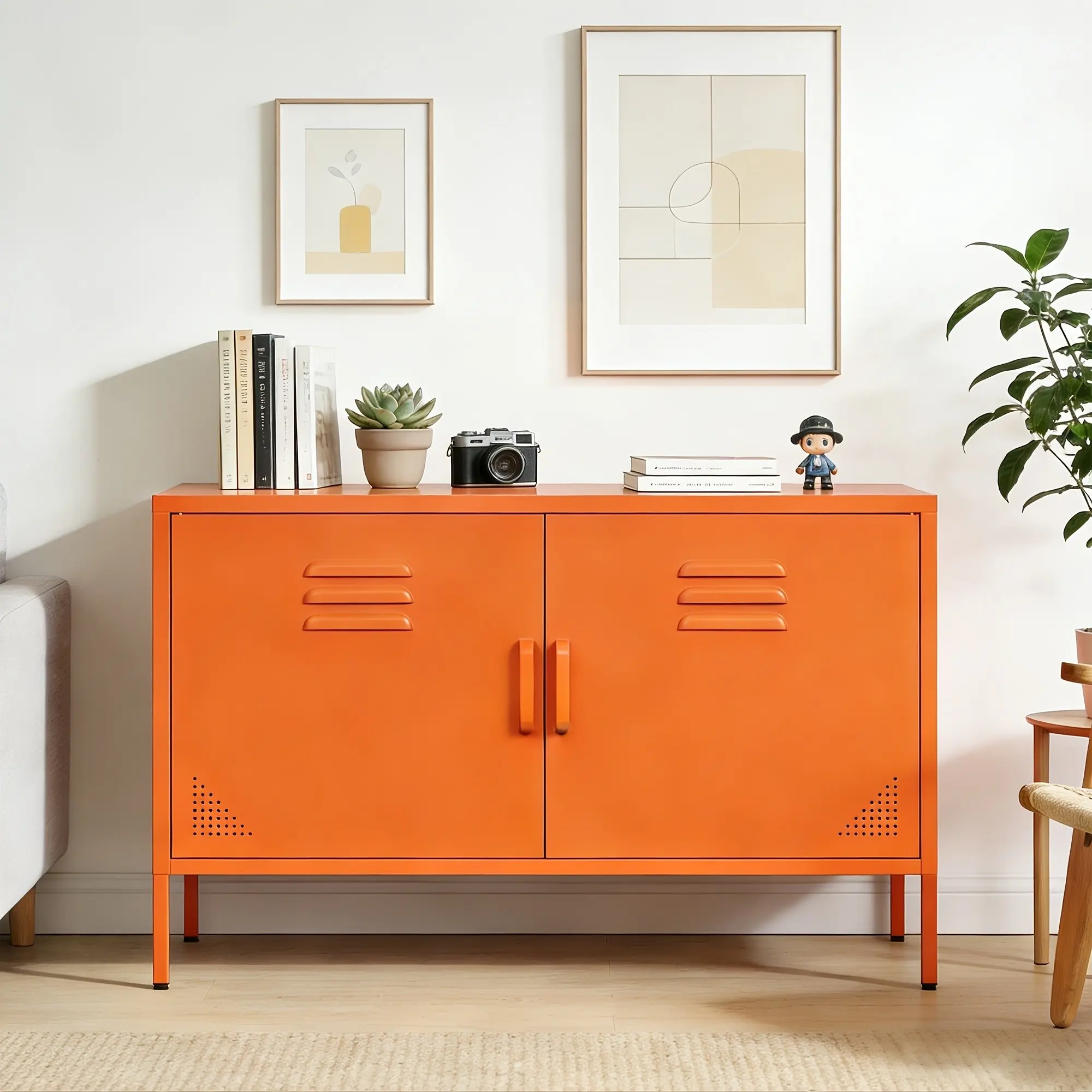 Orange Storage Cabinet: 2 Doors, Vent Holes. Wide Low Sideboard for Home, Office, Dining, Or Living Room. Versatile Accent Storage.