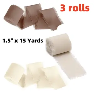 3 Rolls of 5 Yards Nude Chiffon Ribbon, 1.5 Inches Wide, Hand Torn Frayed Ribbon, Tassel Ribbon, Ground for Bridal cake Bouquets, Christmas Gift Packaging, Wedding Decoration, Invitation Letter Decoration, solid color decorative ribbon