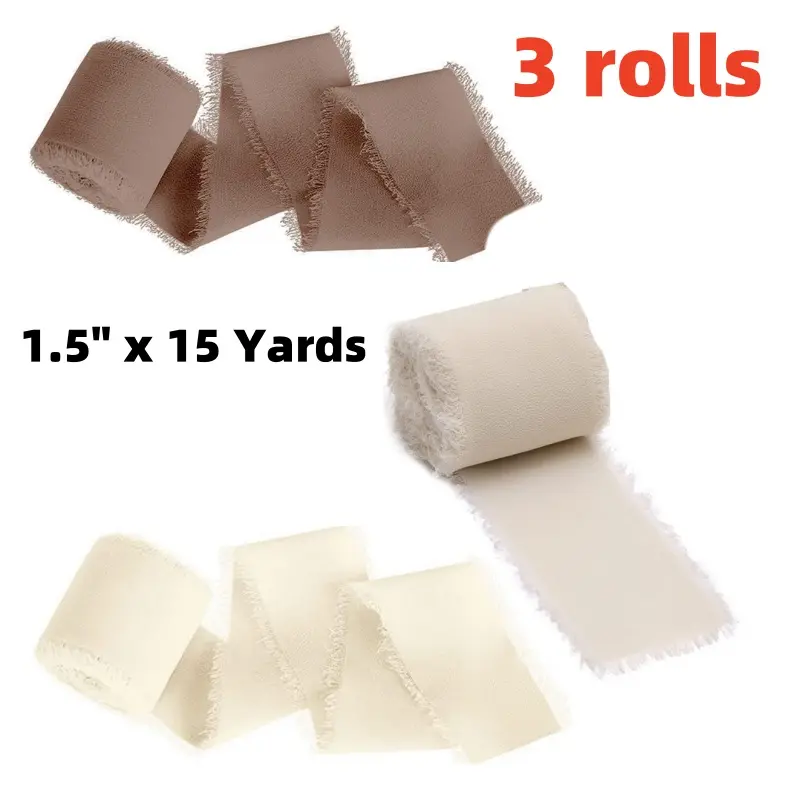 3 Rolls of 5 Yards Nude Chiffon Ribbon, 1.5 Inches Wide, Hand Torn Frayed Ribbon, Tassel Ribbon, Ground for Bridal cake Bouquets, Christmas Gift Packaging, Wedding Decoration, Invitation Letter Decoration, solid color decorative ribbon