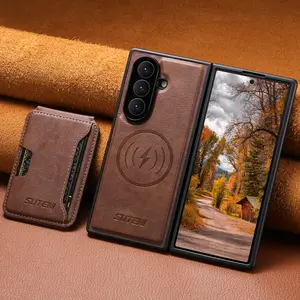 SUTENI Magnet Wireless Charging Luxury Faux Leather Phone Case Card Holder Stand For Samsung Galaxy Z Fold 7 6 For Unisex Relatives Friends And Elders Holiday Gift Protective Phone Cover