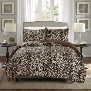 3- Fine  Print Oversize (118" X 95") Quilt Set, Bedspread Coverlet Cal  Size Bed Cover (Brown, Black Leopard Print)