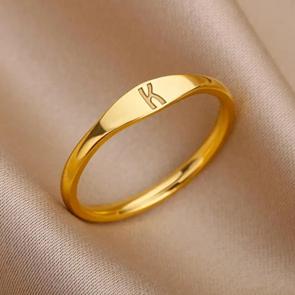 Women's A-Z Initial Gold Stainless Steel Rings - Casual Everyday M Jewelry, Fashion Finger Accessory for Birthday Gifts, Letters, Initial Letter, Personalized Touch, Everyday Look, Size 7 Ring, Everyday Wear Jewelry