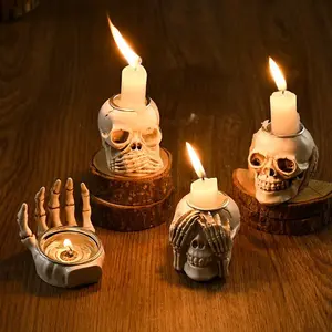 Gothic Resin Skull Candlestick Holder, Halloween Decorative Candle Stand for Home & Party, Unique Desk Accessory for Spooky Atmosphere