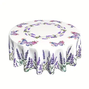 EastJia Made in USA Lavender Spring Floral Round Tablecloth with Purple Flowers & Butterfly, Washable Reusable Polyester, Ideal for Kitchen, Dining, Picnics, Parties & Spring Decor