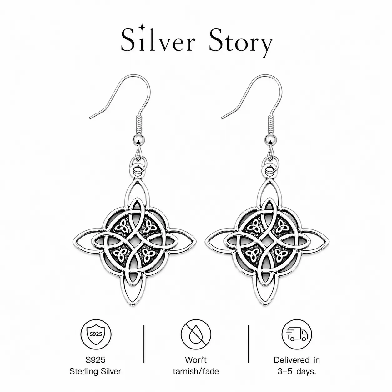 925 Sterling Silver Celtic Witch's Knot Dangle Earrings, Vintage Wiccan Protection Amulet Jewelry, Hypoallergenic Celtic Knot Drop Earrings for Women, Gothic Witchy Jewelry Gift for Pagan, Wicca, Celtic Culture Lovers, Handmade Irish Knot Earrings