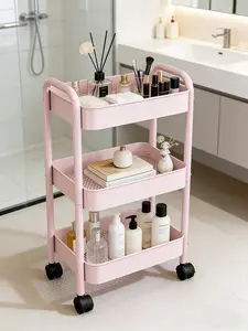 3-Tier Heavy-Duty Metal Rolling Utility Cart with Lockable Wheels Multi-Functional Storage Organizer for Kitchen Bathroom Office Nursery & Classroom Easy Assembly Pink/White