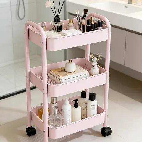 3-Tier Heavy-Duty Metal Rolling Utility Cart with Lockable Wheels Multi-Functional Storage Organizer for Kitchen Bathroom Office Nursery & Classroom Easy Assembly Pink/White