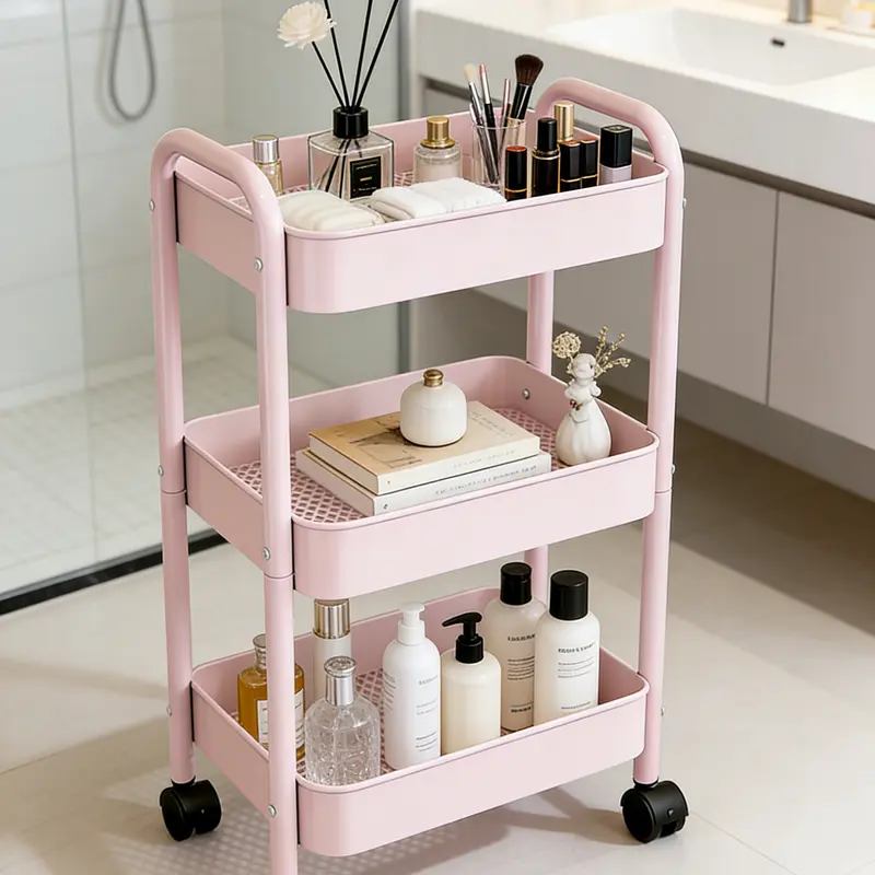 3-Tier Heavy-Duty Metal Rolling Utility Cart with Lockable Wheels Multi-Functional Storage Organizer for Kitchen Bathroom Office Nursery & Classroom Easy Assembly Pink/White
