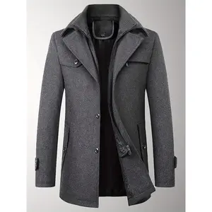 Men's Wool Blend Double Collar Pea Coat Casual Thermal Trench Coat With Removeable Collar Thicken Winter Warm Over CoatsRL5