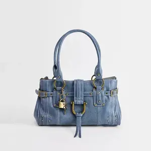 Women's Small Niche Retro Rivet Lock Head Tote Shoulder Luxury Hand Bag  NONE