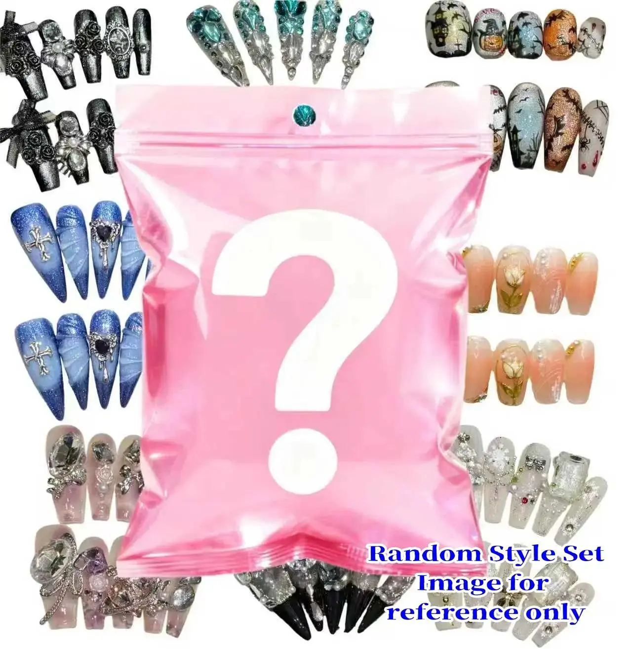Handmade Press-On Nails 20-Set in Assorted Styles - Reusable Acrylic Glittering Fake Nails with Adjustable S/M/L Sizes for Women