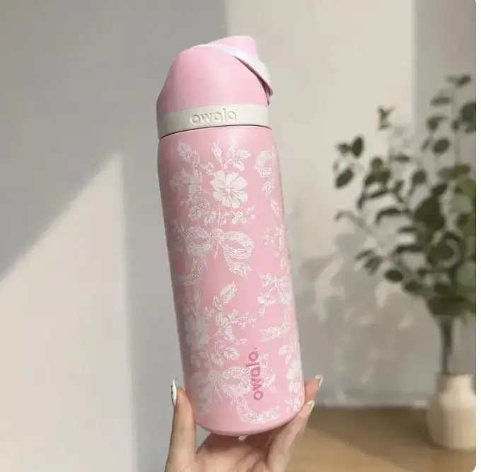 Original Owala FreeSip 32oz Insulated Water Bottle, Pink Bow Floral Pattern Travel Tumbler with Straw, Aesthetic Coquette Gift for Women