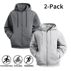 Men 2-Pack Solid Full Zip Up Hoodies, Soft Fleece Drawstring Zip Sweatshirts with Kangaroo Pocket, Casual Loose Hooded Jackets for Daily Running Basketball Cycling