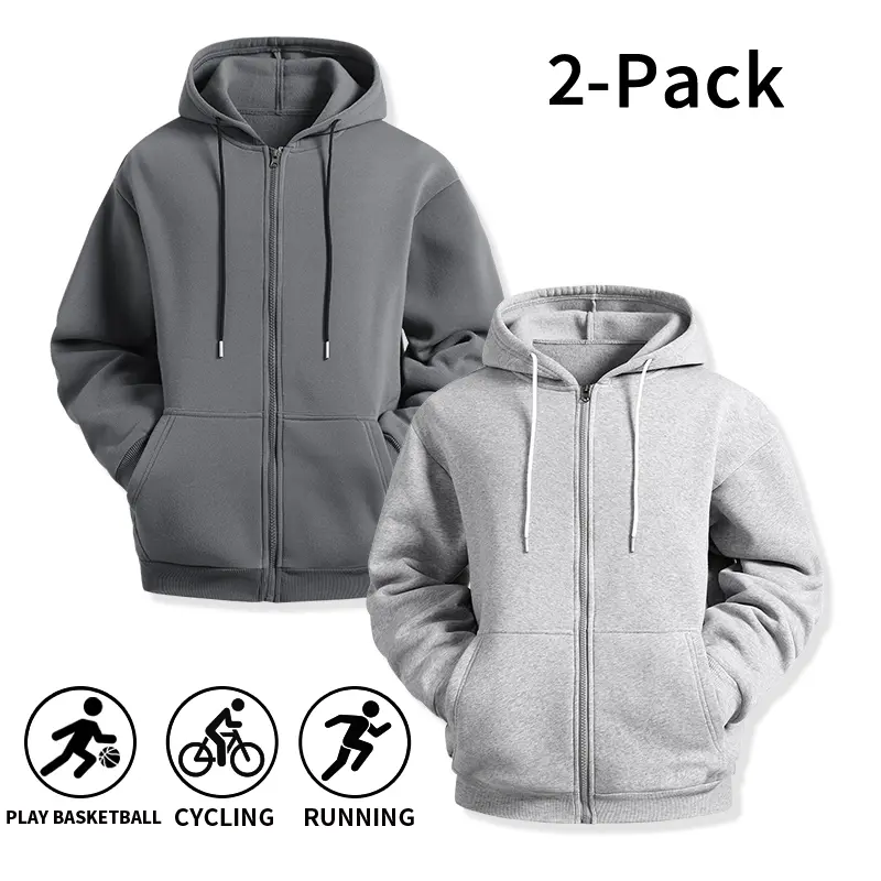 Men 2-Pack Solid Full Zip Up Hoodies, Soft Fleece Drawstring Zip Sweatshirts with Kangaroo Pocket, Casual Loose Hooded Jackets for Daily Running Basketball Cycling