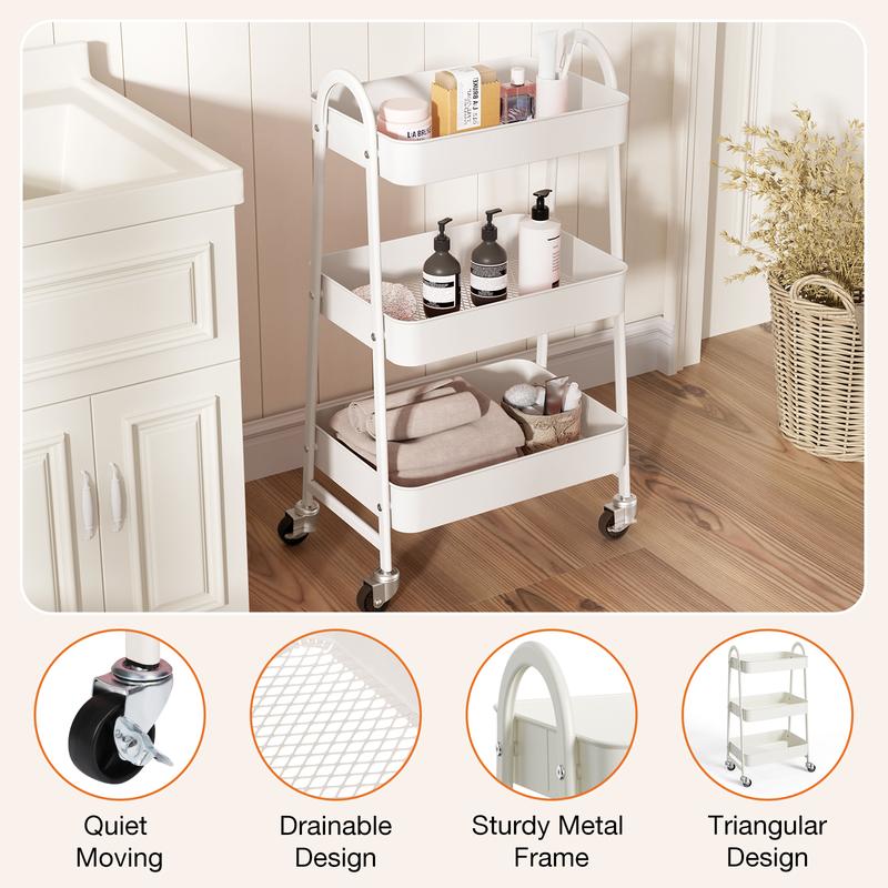 3 Tier Metal Storage Utility Cart with Wheels - Kitchen Storage Trolley, Rolling Bathroom, Casters for Narrow Spaces, Ideal for Bedside Use