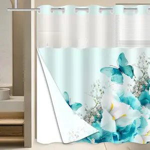 No Hook Nature Shower with Snap in Liner Set,Teal Flowers and Shower Curtains for Clearance,Waterproof,71 x 74 Inch