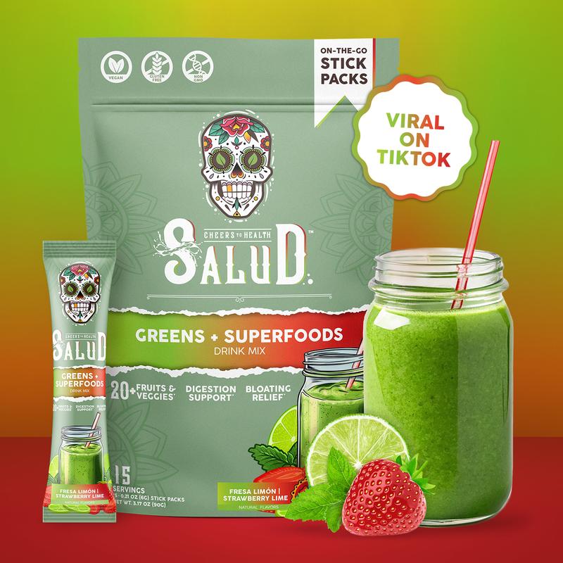 Salud 2-in-1 Greens Powder + Superfood Drink Mix Packets, 20+ Fruits and Veggies, Probiotics, Prebiotics, Supports Digestive Health, Bloating Relief, Vegan, Strawberry Lime (15 Servings)