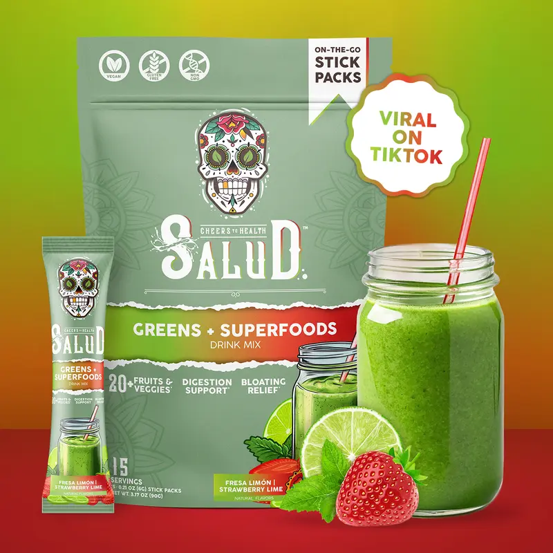 Salud 2-in-1 Greens Powder + Superfood Drink Mix Packets, 20+ Fruits and Veggies, Probiotics, Prebiotics, Supports Digestive Health, Bloating Relief, Vegan, Strawberry Lime (15 Servings)