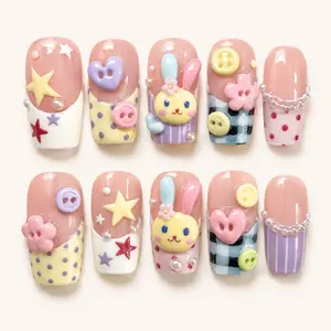 Cute Pastel Press On Nails featuring 3D Bunny Nail Charms, Heart Buttons, Star Details & Sweet Kawaii Y2K Aesthetic for Daily Wear