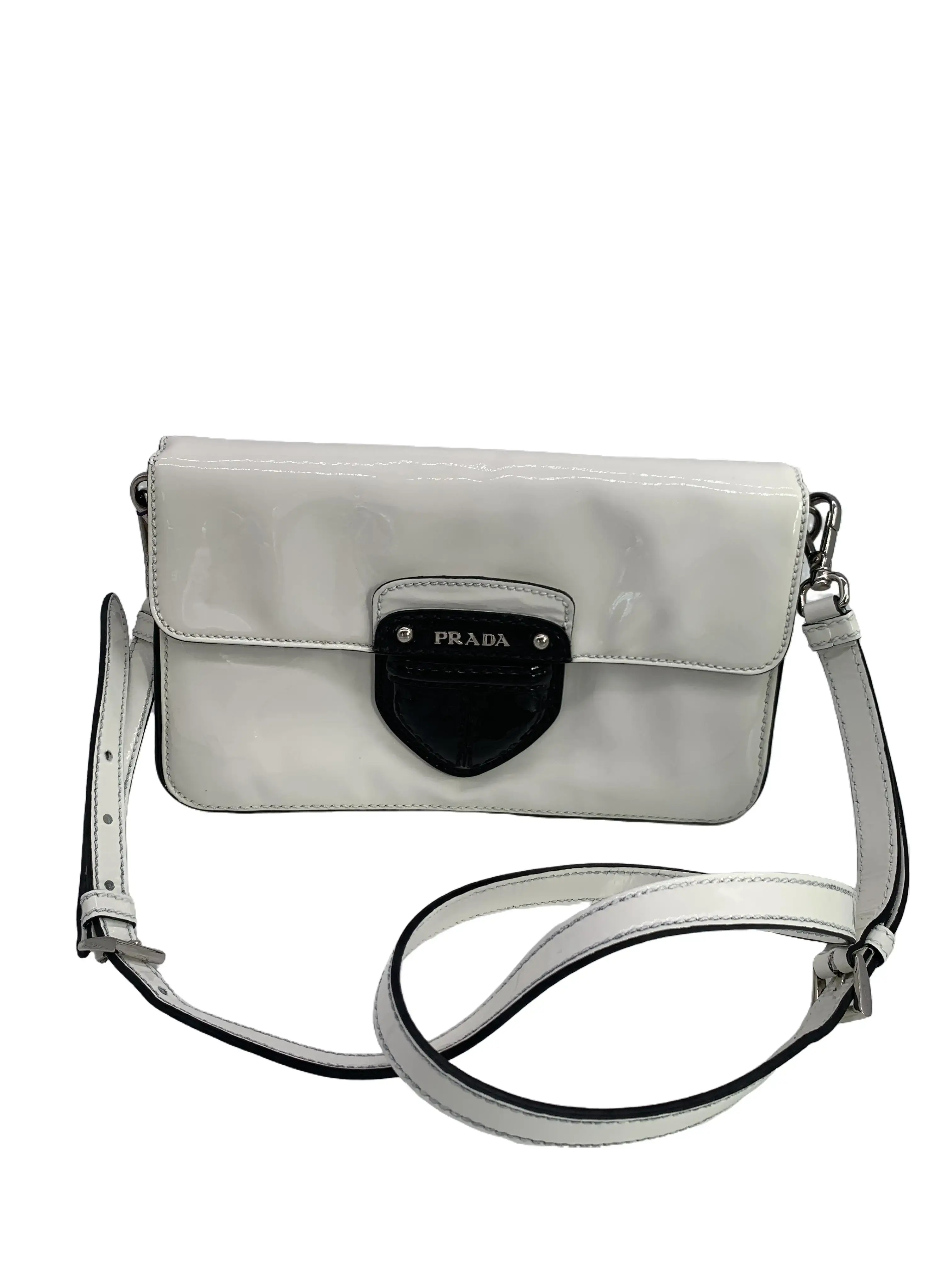 Pre-owned PRADA White Patent Leather Flap Crossbody Bag/WJ07124604/4604