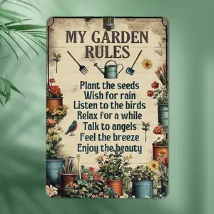 Garden Rules Sign Board Rustic Brown with Floral & Bird Motif Inspirational Quotes Uplifting Gift for Gardeners Nature Lovers & Backyard Hosts Charming Outdoor Decor for Patio or Garden Gate