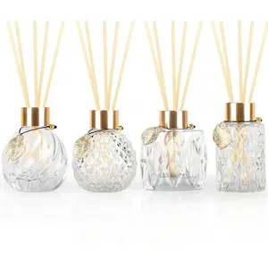 4Pcs Reed Diffuser Set with Metal Golden Decoration, 3.5-4.2oz Empty Reed Diffuser Bottles with 20Pcs Reed Diffuser Sticks, Unique Design Bottles for Home and Office(4 Pcs Different Bottles) Freshener Scented Aroma Perfume