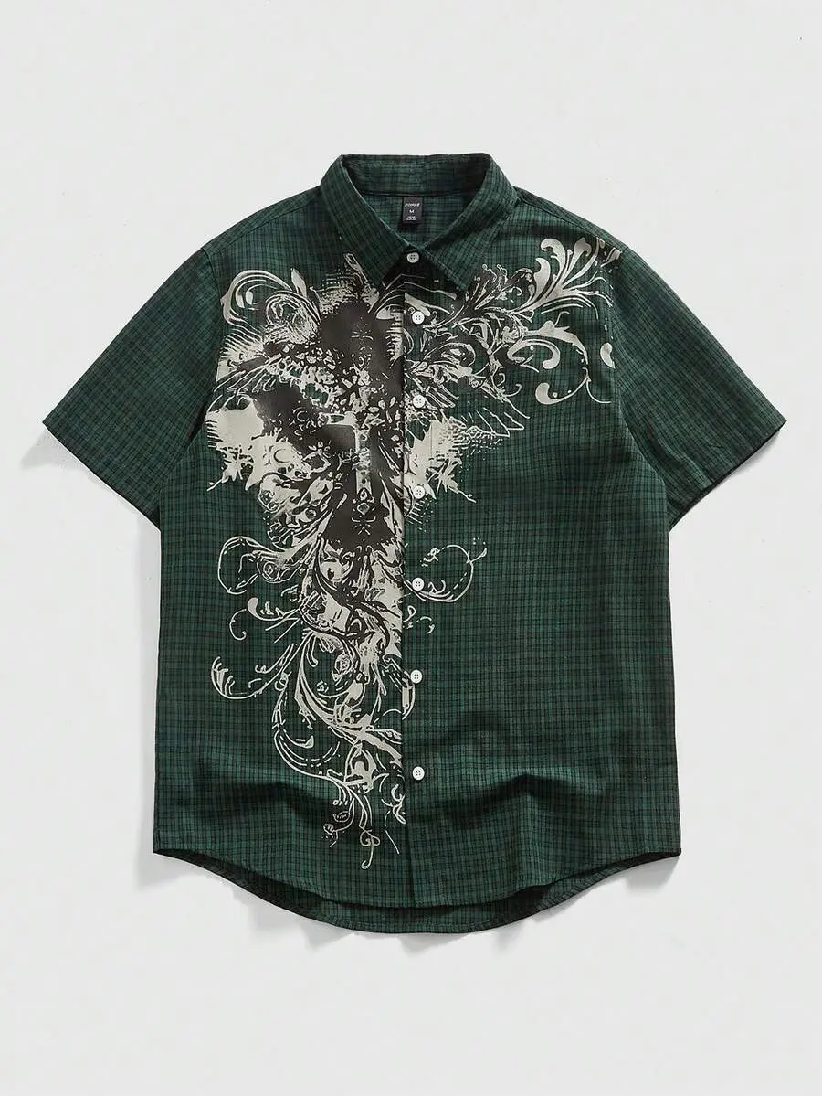 MEN Grunge Punk Men's Turndown Collar Plaid Single-Breasted Casual Daily Short Sleeve Shirt