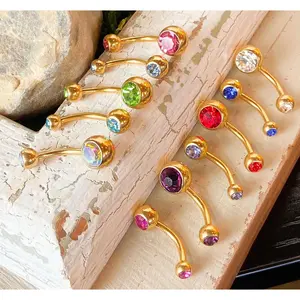 Gold Ion Plated Steel Double CZ Gem Ball Belly Ring Pierced Navel Naval