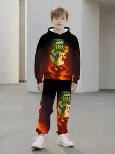 Hellfire Pixel Hulk Chicken Riding Hoodie Set, 3D Sandbox Game Style Boys' Sweatshirt & Pants Two-Piece, Casual Spring & Fall