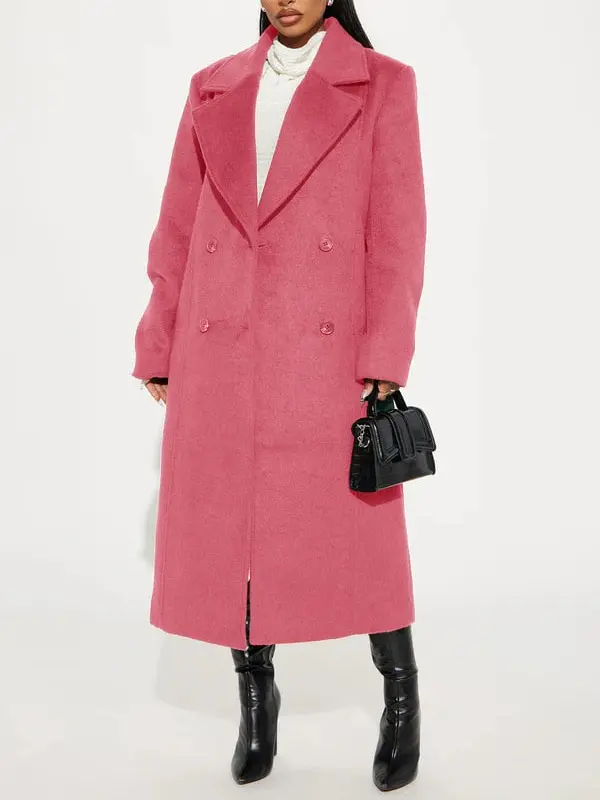 Melonie Wool Trench Coat - Bubblegum Pink, Long Sleeve, Fitted, Plain Design, Ideal for Fall