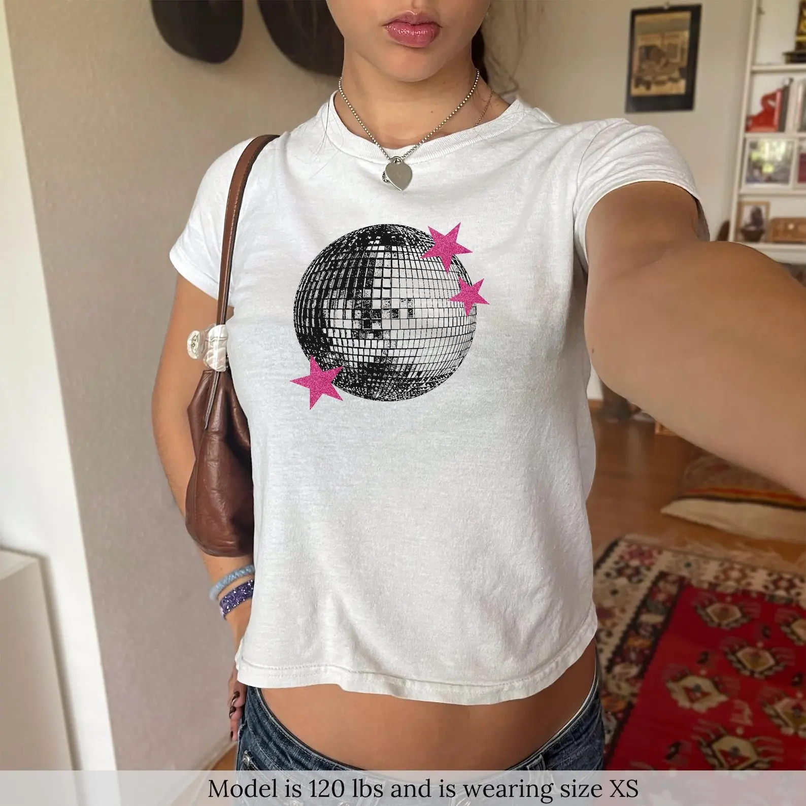 Disco Ball Shirt Retro Party Shirt Y2K 90s Baby Tee 00s It Girl Style Clothing Trendy Disco Ball Tee For Women Sparkling Disco Ball Top Pink