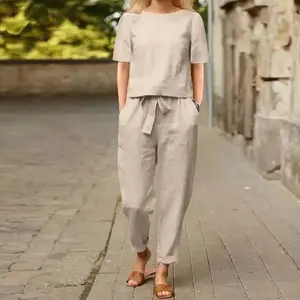 Women's cotton and linen summer suit half-sleeved O-neck oversized blouse e wide-leg pants retro loungewear Clothes Womenswear(Sheet)