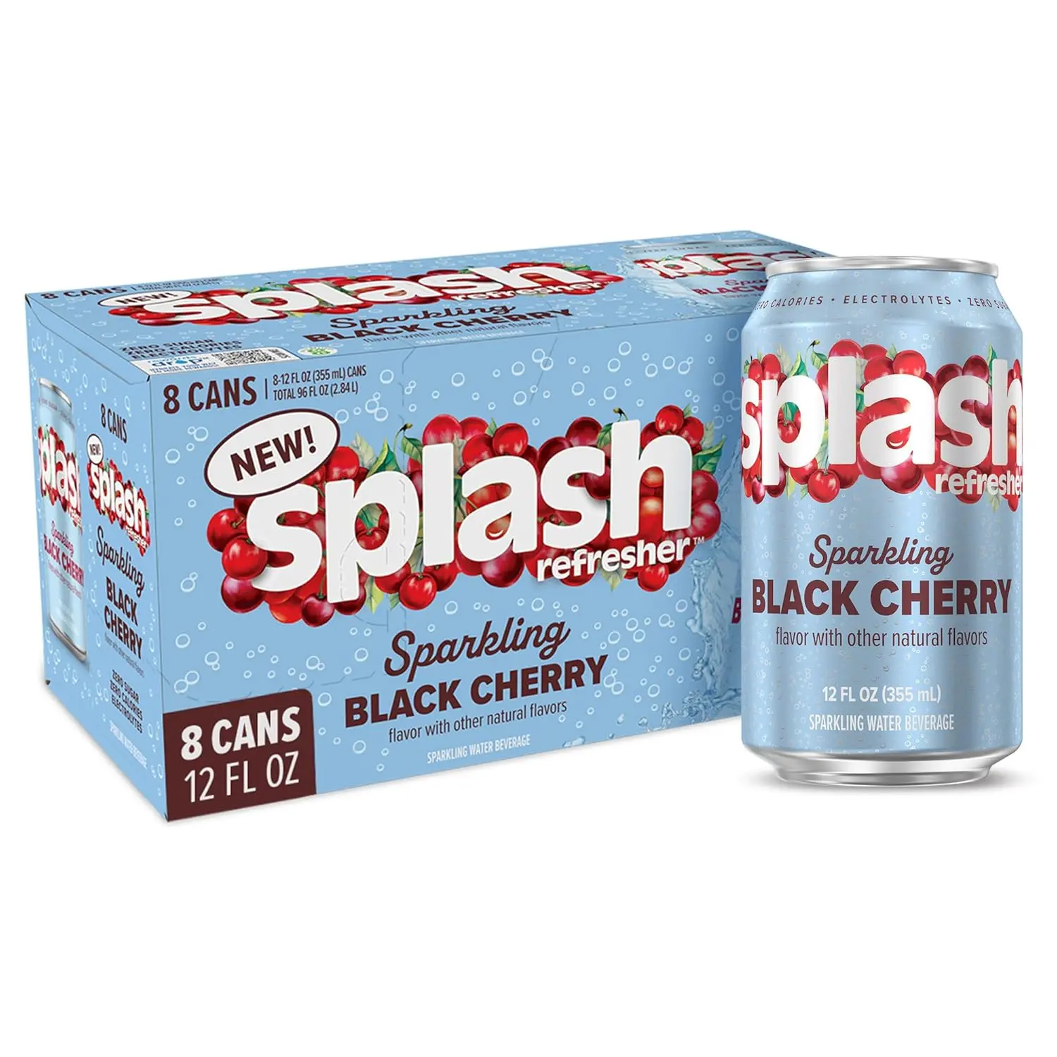 Splash Refresher Sparkling Water, Black Cherry, Flavored Carbonated Seltzer with Electrolytes, 0 Sugar, 0 Calories, 12 fl oz Cans, 8-count Pack