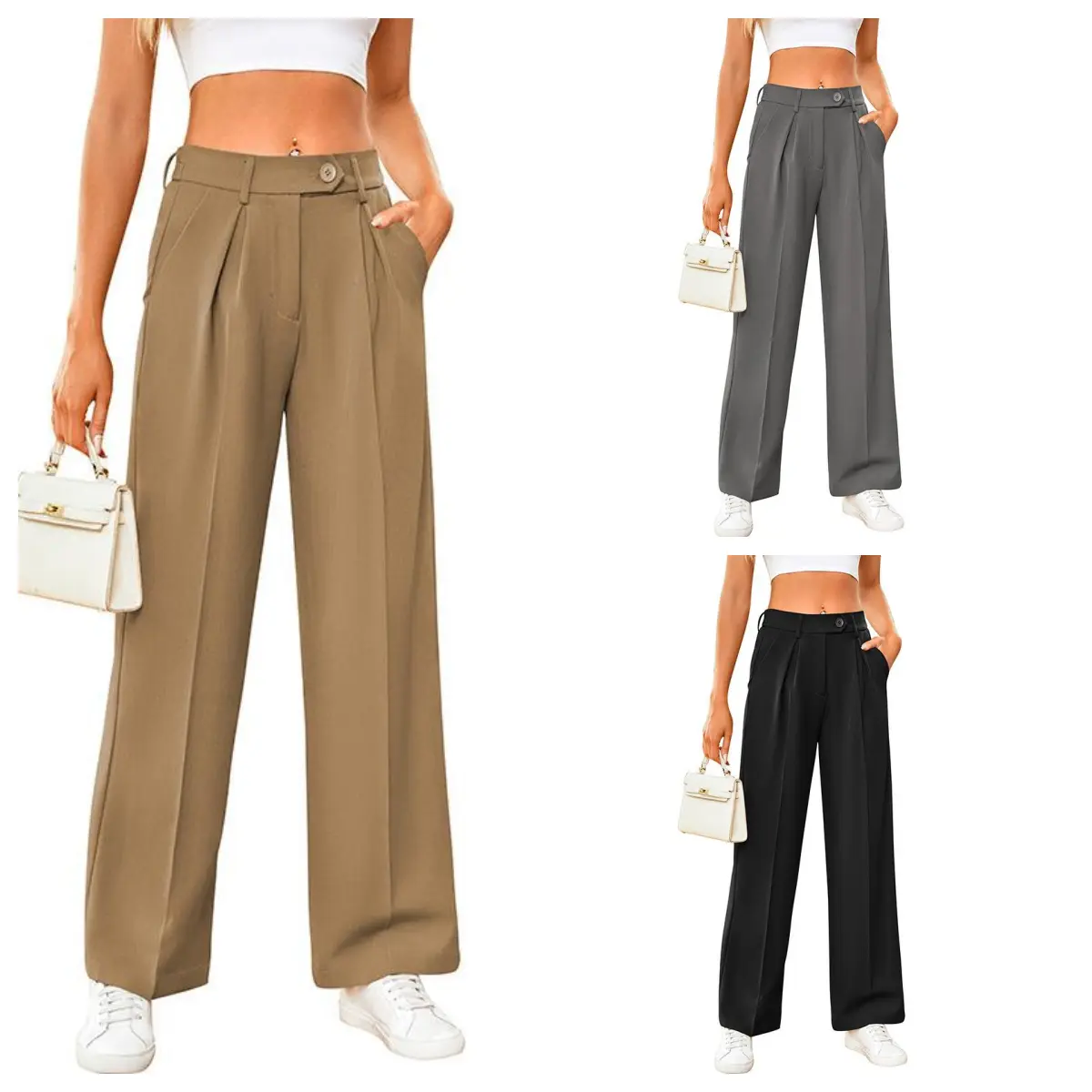 DUTUT Women's Kookai Pants Wide Leg High Waisted Elastic Back Comfortable Long Straight Suit Pants for Office Daily Wear Bottom Fit Spandex Polyester