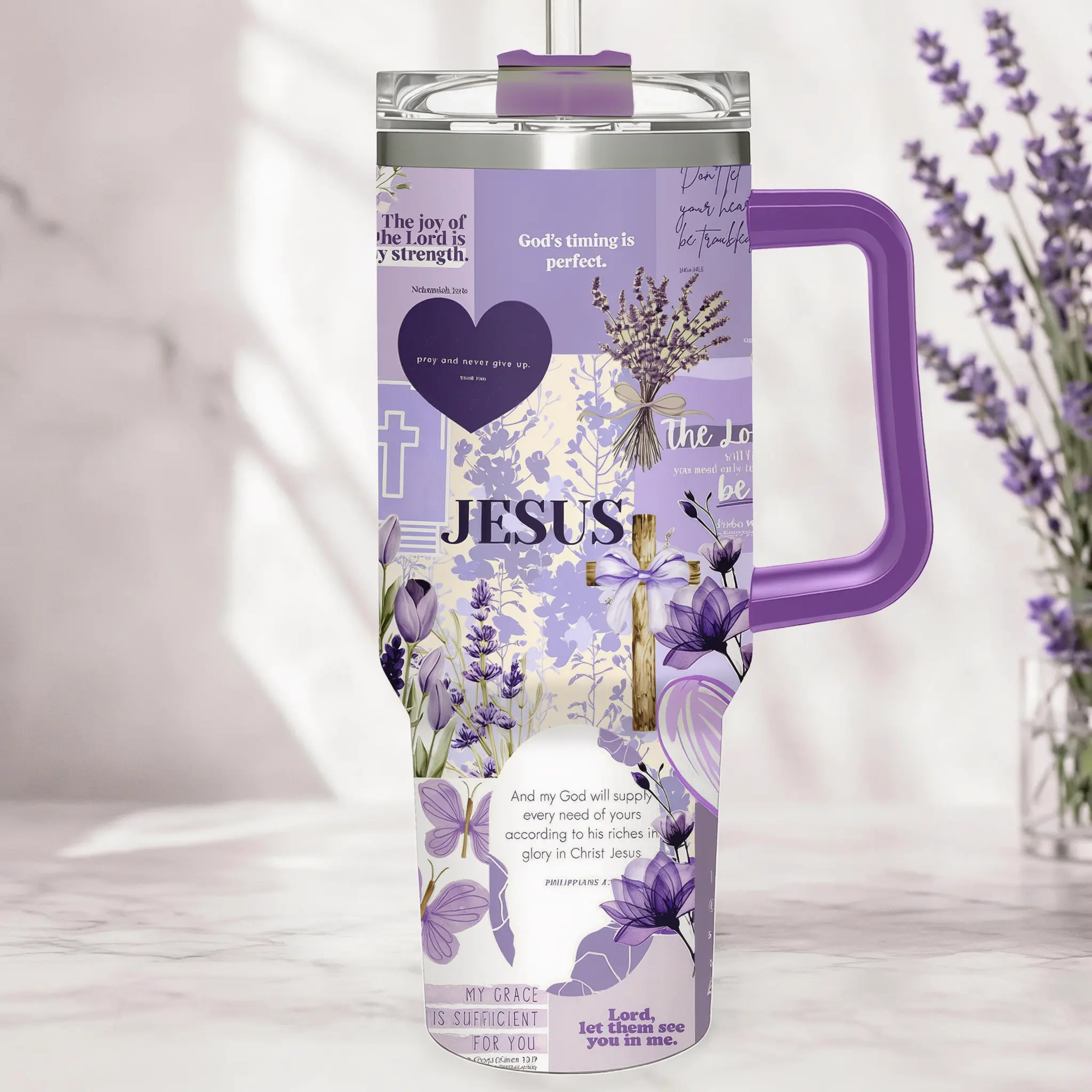 Christian Tumbler 40oz, Purple Lavender Scripture Stanley Cup, Bible Verse Daily Hydration Mug, Faith Floral Gift for Her, Religious Cup, Halloween gifts, Christmas gifts