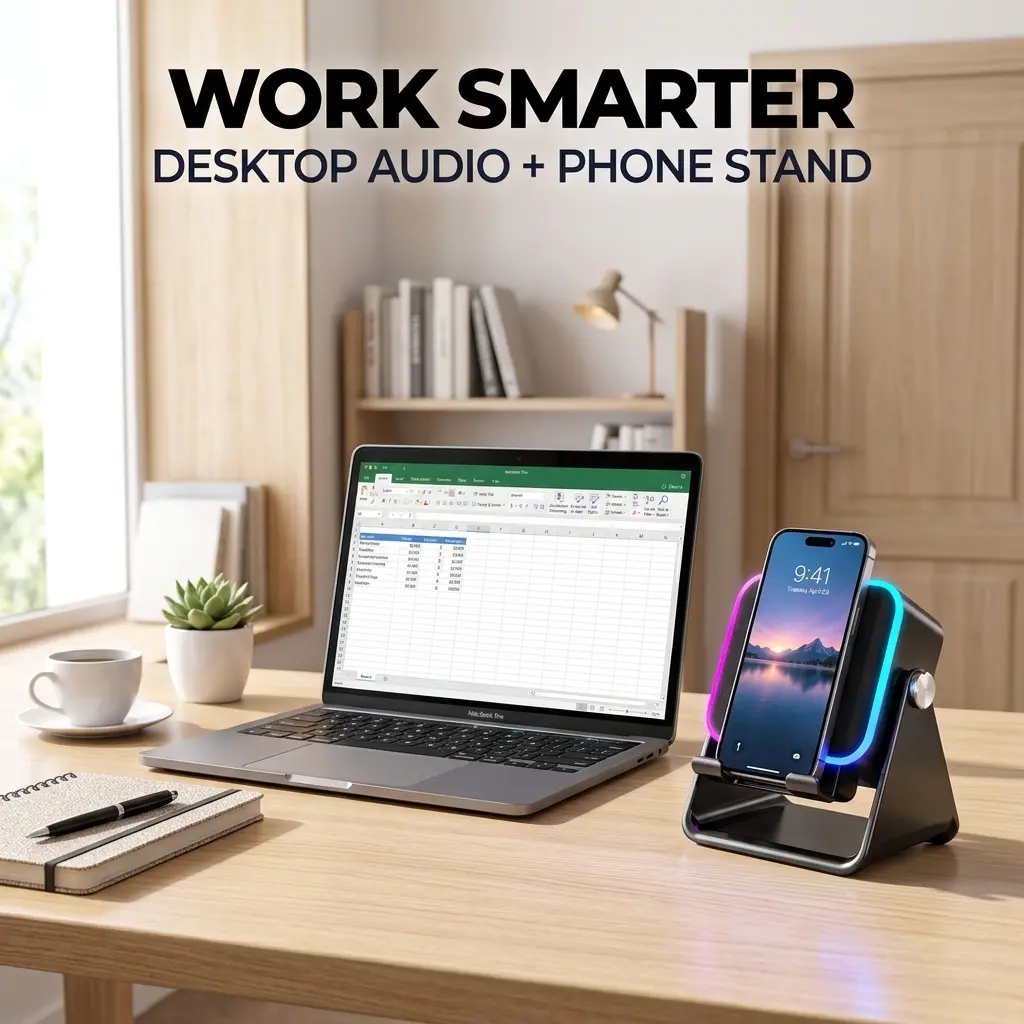 Wireless Induction Speaker Phone Stand with RGBAmbient Light, Adjustable Desktop Holder, Hands-Free Audio Amplifier for Home Office