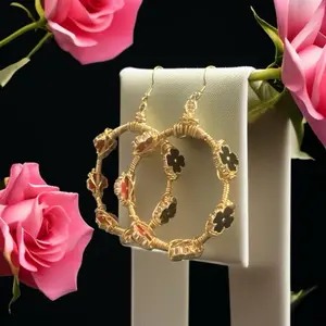 Black & Red Clover Gold Copper Hoops with Elegant Floral Design and Durable Craftsmanship