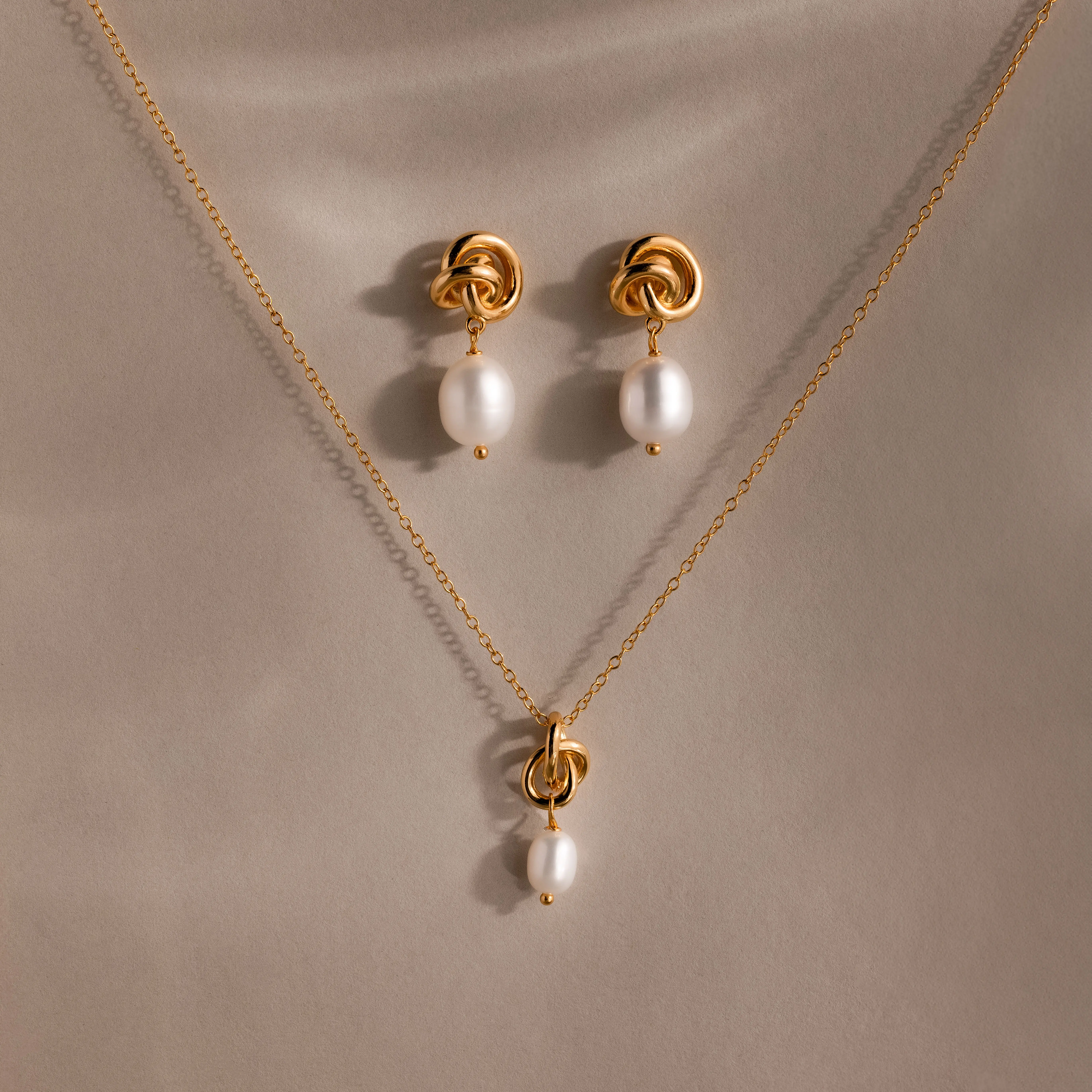 Pearl Knot Necklace & Earrings Set by Caitlyn Minimalist - Love Knot Pendant Necklace & Pearl Drop Stud Earrings - Wedding Jewelry Set - Bridal Shower Gift