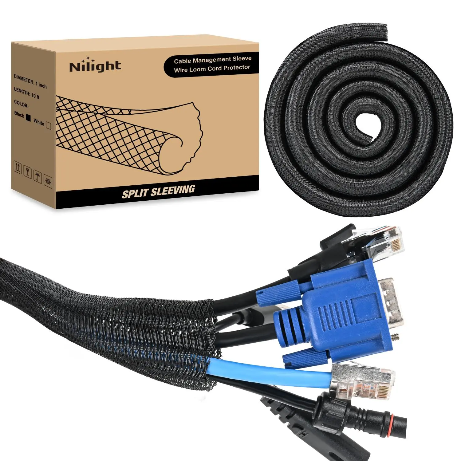 Nilight Cable Sleeve, 25ft-1/2inch Cord Management Sleeves, Braided Sleeving, Split Self Wrapping Wire Loom for Computer Electrical Automotive Harness Protector Organizer, Black