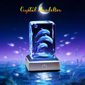 Cube Dolphin Crystal Ball Night Light with 3D Pattern Carving & Colorful LED Light Base for Decorative Lighting in Bedrooms & Living Rooms