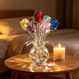 7 Crystal Rose Flowers Desktop Ornament Creative Floral Decoration for Friends Teachers Festival Gift Artificial Flower Arrangement