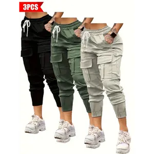 3-Pack Women's Casual Cargo Pants - Solid Color, Polyester, Non-Stretch, Sports Style With Pockets For Adults