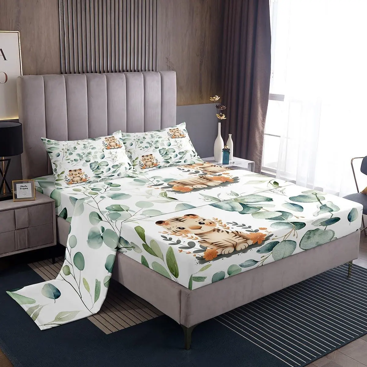Kids Cute Animal Bed Sheets Set for Girls Boys Cartoon Tiger Sheet Setspring Eucalyptus Sheets Watercolor Leaves Bed Set,Kawaii Jungle Animal Flat Sheet