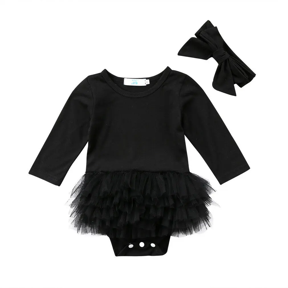 Newborn Baby Girls Black Dress Long Sleeve Bodysuit Tutu Ruffle Lace Romper with Headband Outfits