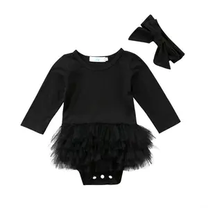 Newborn Baby Girls Black Dress Long Sleeve Bodysuit Tutu Ruffle Lace Romper with Headband Outfits