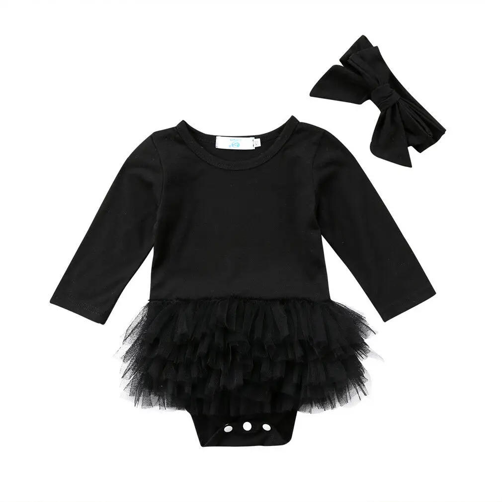 Cute Newborn Baby Girl Long Sleeve Tutu Romper Jumpsuit Bodysuit Dress Headband Outfits