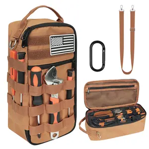 13-Inch Heavy-Duty Portable Tool Bag, Tactical Organizer with Shoulder Strap and D-Ring Clip, Tool Pouch for Electricians, HVAC Technicians (Brown)