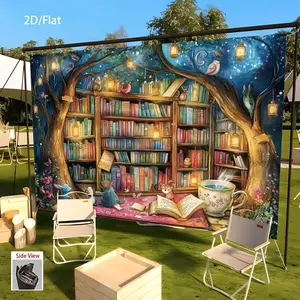1pc 2D Flat Enchanted Library Fantasy Book Scene Party Banner - 2D/Flat Polyester Fabric Backdrop with Magical Nighttime Design, Perfect for Birthdays, Weddings, and Midsummer Festivals, Home, Off